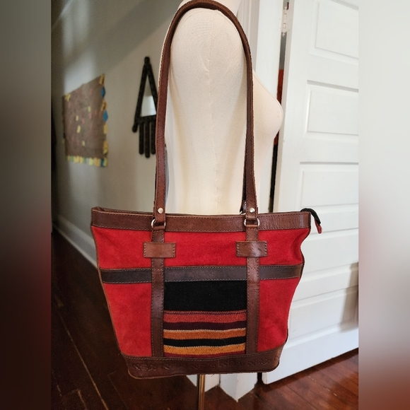 Handcraft Bolivian Red Suede & Brown 100% Leather Tote Bag - Picture 3 of 12